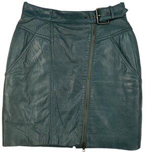 Glen Wood Vintage Soft Leather Skirt 8 Green Mini Angled Front Zip Pocket Retro